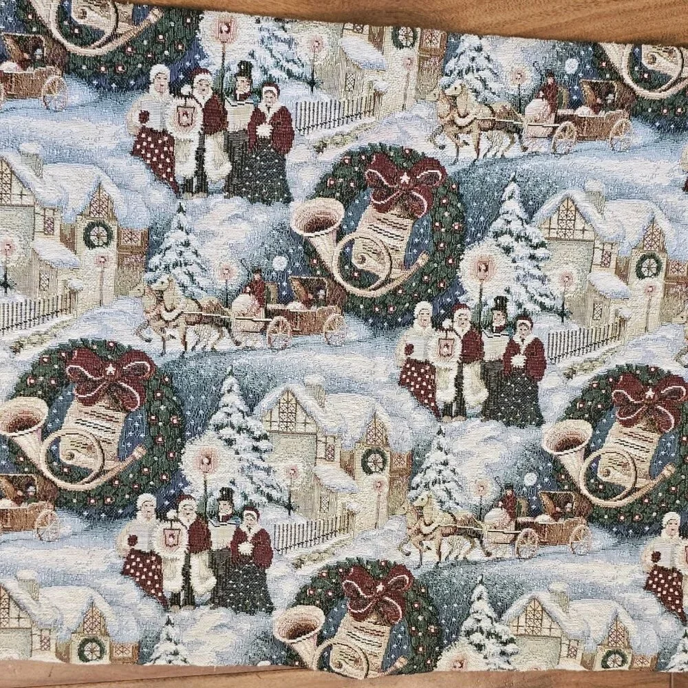 VTG 90s‎ Christmas Tapestry Table Runner Tassles Winter Village Scene 37